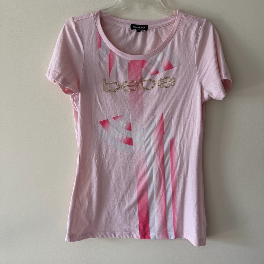 Bebe Vintage Light Pink Graphic Tee with Gold Accents Size L